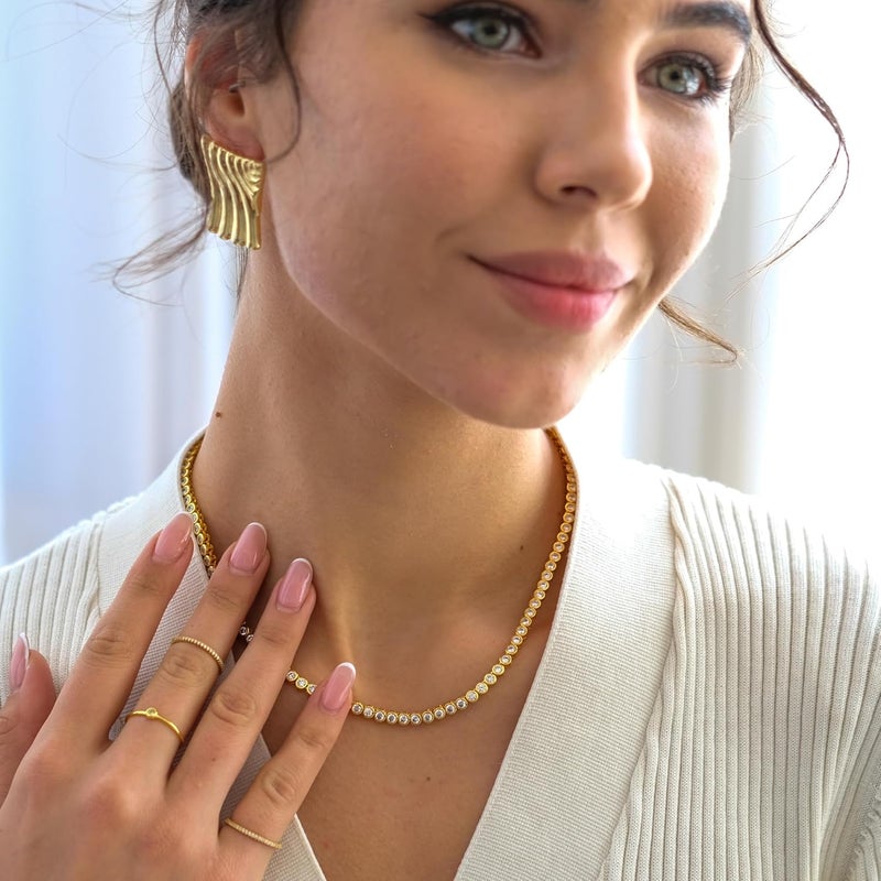 espere Round Bezel Tennis Necklace | 14K Yellow Gold Bezel Set Round CZ Chain Necklace 3 Carat | Classic Round-Cut Diamond Necklace CZ Tennis | Bridal Jewelry | Wedding Necklace | Bridal Necklace - Image 3